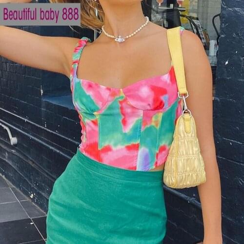 Meqeiss Y2K new color stitching printed sleeveless Backless women tops 2021summer sexy sweet cute Casual strap slim street vest