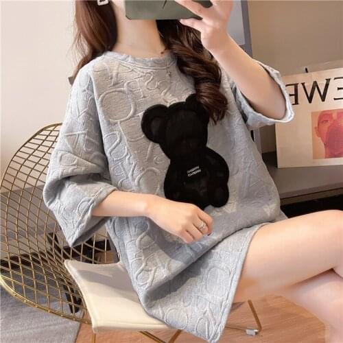 2021 Summer New Style Pure Cotton Mid-Length Bear t-Shirt Female Harajuku Kawaii Round Neck Womens Short-Sleeved t-Shirt Wester