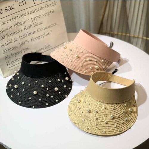 2020 New Pearls Women Summer Hat Female Elegant Pearl Straw Sun Hat Wide Brim Visor hat For Girls Beach Hats Fashion Cap Ladies