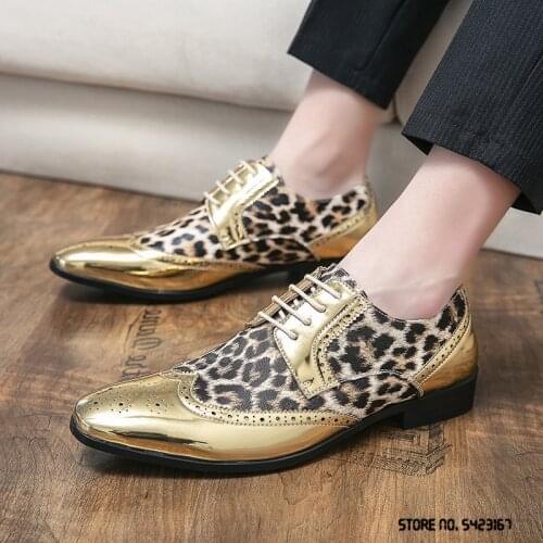 2021 Fashion Gold Silver Leopard Pattern Pointed Shoes Flat For Men Dress Party Groom Formal Wedding Prom Oxford Zapatos De Novi