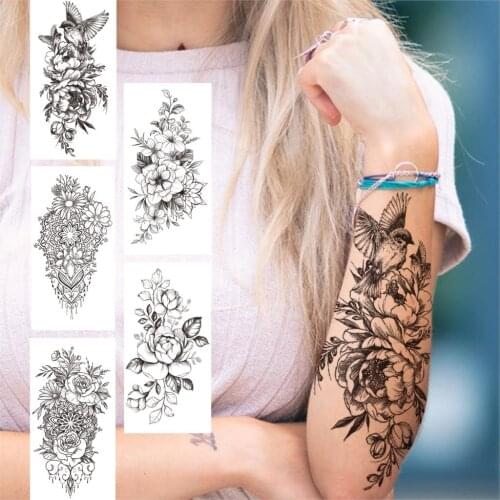 DIY Peony Bird Temporary Tattoos For Women Girls Fake Jewelry Henna Tattoo Sticker Black Rose Sweatpea Flower Tatoos Decoration