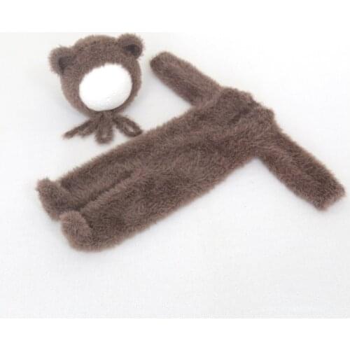 Knitted Teddy Bear Hat Newborn Boy Outfit Fuzzy Baby Footed Romper Fluffy Newborn Onesie Crochet Bear Bonnet Suit Photo Props