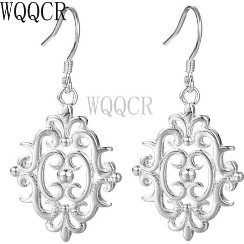 WQQCR Hot Sale 925 Silver Color Fashion Retro Hollow Carved Shape Earring Jewelry Lady Earring Ear Jewelry Gift Earing Women