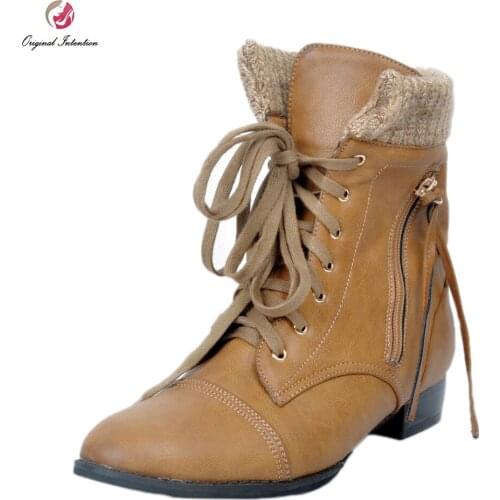 Original Intention New Fashion Women Ankle Boots Elegant Round Toe Square Heels Boots Brown Shoes Woman US Size 4-15
