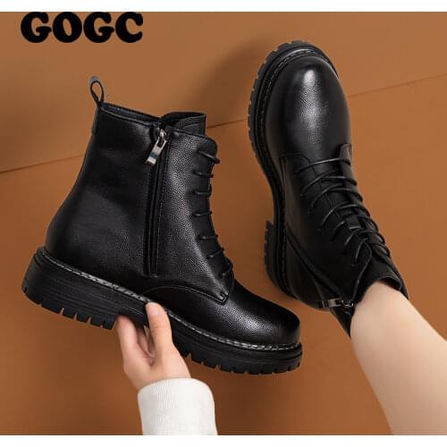 GOGC Ladies Martens Shoes Chunky Motorcycle Boots For Women Autumn Winter Platform Ankle Boots Female Fur Leather Boots G9021