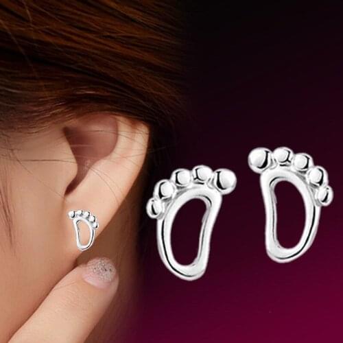 Famous Brand 925 Sterling Silver Stud Earrings Cartoon Classic Small Cute Simple Party Dinner Little Feet Foot Girlfriend Gift