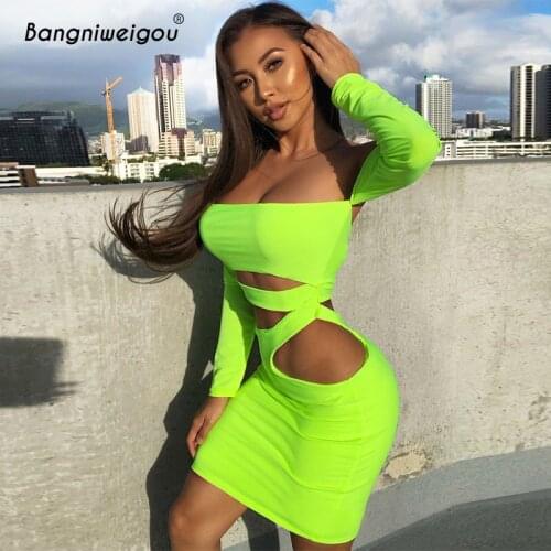 Bangniweigou Off Shoulder Sexy Hollow Out Bandage Dress Women Backless Long Sleeve Club Neon Green Party Festival Mini Dress