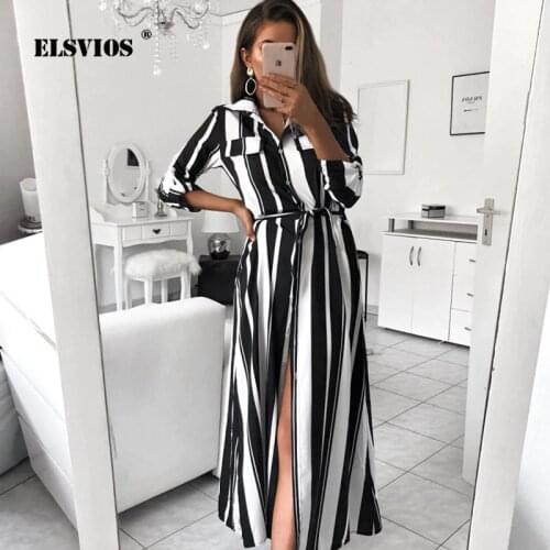 ELSVIOS 2019 Fashion women Long Sleeve Stripe Maxi Dress Elegant Turn-Down Collar Button Lace Up Long Shirt Dress spring dresses