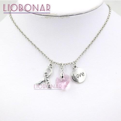 1PC Breast Cancer Awareness Pink Ribbon Jewelry Necklace, Pink Heart Love Charm Pendant Necklace Collar