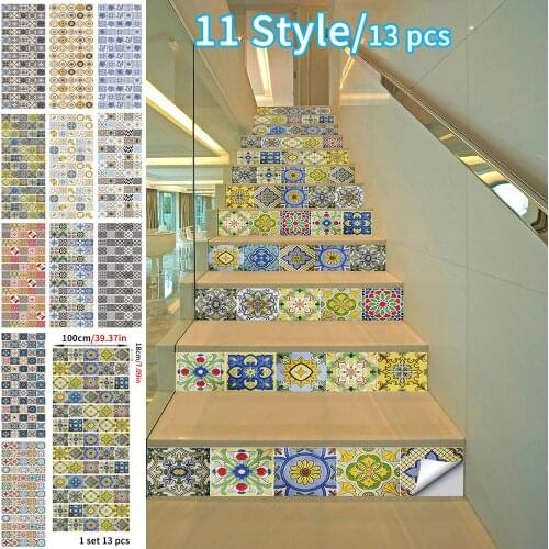 13PCS Turkish Ceramic Tile Mural Removable PVC Vintage Staircase Riser Wall DIY Decoration Waterproof Stairs Steps Stickers