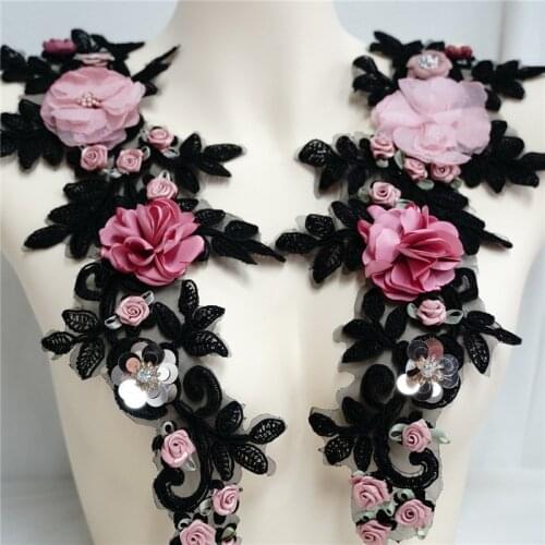 3D chiffon Embroidered Lace Collar DIY Sewing Lace Neckline Fabric Decoration Ladies Clothes Applique Black 1 Pair For Sale