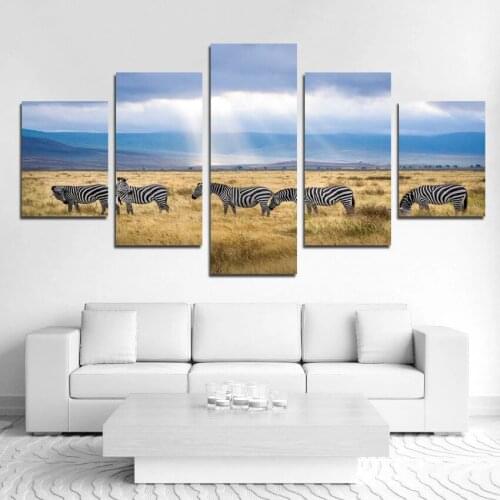 5Pcs Hd Canvas Painting Zebra On The Lawn Under The Blue Sky and Sunshine Posters Wall Art Pictures for Home Room Decor No Frame