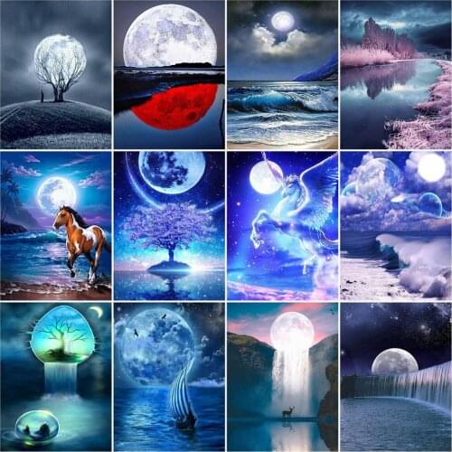HUACAN Full Diamond Painting Lake DIY 5D Diamond Embroidery Night Mosaic Rhinestone Cross Stitch Moon Home Decoration