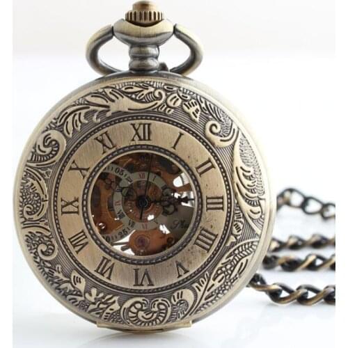 10pcs/lot Vintage Bronze Carved Roman Number Skeleton Mechanical Pocket Watch Roman Dial Men Gift Pocket Watches