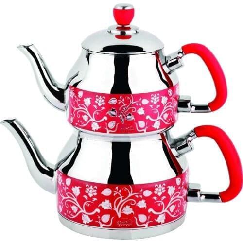 Teapot Stainless Steel For Turkish Tea Mega Size Patterned Red Pink Lily 18/10 Cr * Ni Made in Turkey