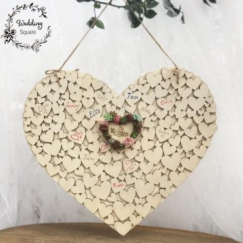 Wooden Heart Shape Wedding Succulent Cactus Wrcath Personalised Heart Guest book Sign Book Hanging Heart Wedding decoration