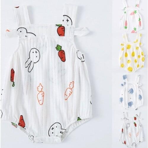 Newborn Baby Sleeveless Suspender Bodysuit Cartoon Animal Fruit Print Summer Onesies Romper Infant Princes Rib Playsuit