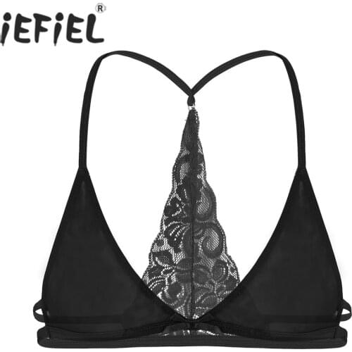 IEFiEL Mens Sissy Lingerie Panties See Through Sheer Lace Y-shape Back Wire-free Unlined Gay Triangle Bra Top Sexy Underwear