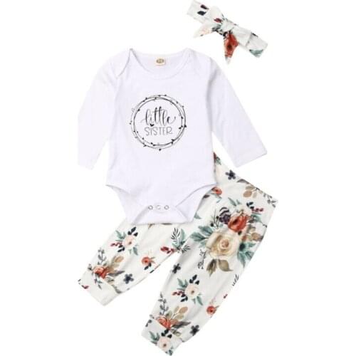 Newborn Baby Girl Clothes Little Sister Letter Bodysuit+Floral Leggings Pants+Headband 3pcs Outfits Set