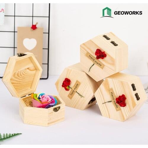 Multi-colored Soap Rose Folwer Petal Wooden Hexangular Shape Box Party Valentines Day Birthday Gift