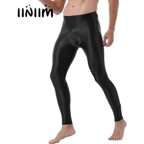 Men Low Waist Seamless Sport Trousers Glossy Bulge Pouch Elastic Waistband Leggings Solid Color Yoga Pants Stretchy Skinny Pants