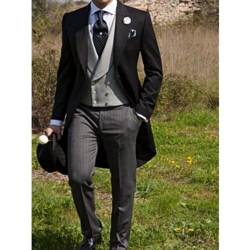 Morning Style Men Suits Black and Grey Groom Tuxedos Peak Lapel Groomsmen Wedding Bridegroom ( Jacket+Pants+Vest ) D105