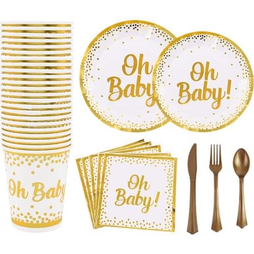 Disposable Party Tableware Set Golden Dots On Baby Print Dinnerware Paper Plates Napkins Cups For Kids Birthday Baptism Decor