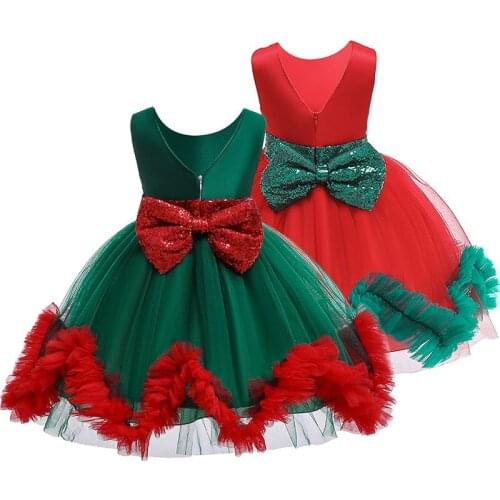 2020 New Christmas Girl’s Summer Vest Style Dress Hot Fashion Color Contrast Bow High Waist Children Mesh Yarn Princess Dress