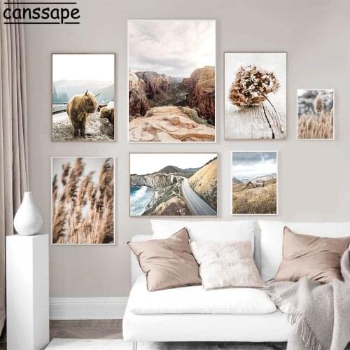 Autumn Reed Grass Art Painting Highway Cow Canvas Poster Dried Flowers Wall Art Print Landscape Wall Pictures Living Room Decor