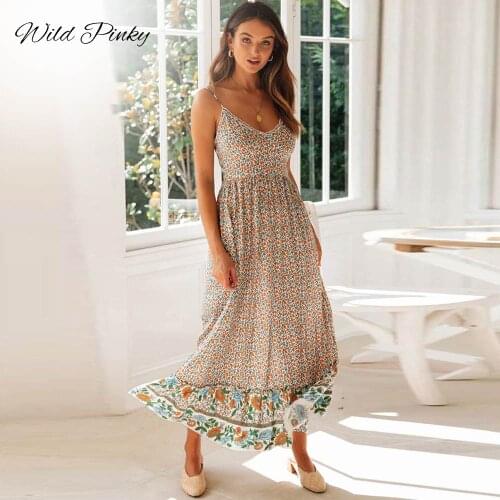 WildPinky New Women Long Maxi Dress Fashion Spaghetti Strap Floral Print Beach Dresses V-neck Ruffles Party Dress Vestidos Femme