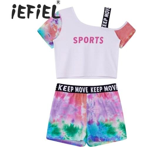 Kids Girls Ballet Dance Tie Dye Letters Print Sport Suit Asymmetrical Shoulder Strap T-shirt and Shorts Set Tracksuit Outfit