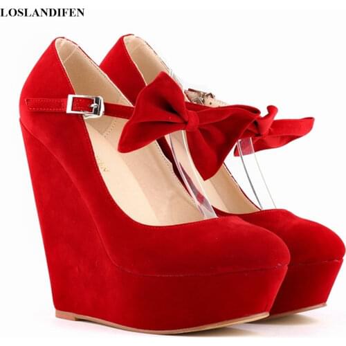 Autumn Sweet Bowknot Buckle Women Shoes Shallow Round Toe Suede Wedges Pumps Fashion Platform High Heels Ladies Prom Shoes Party