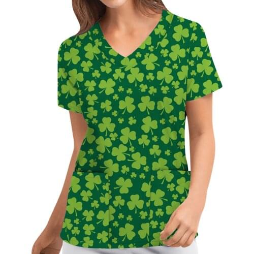Nurse Uniform Non-positioning St. Patrick Leaf Print Short Sleeve Carer Top Nursing Scrubs Tops Shirt Uniforme Enfermera blouse