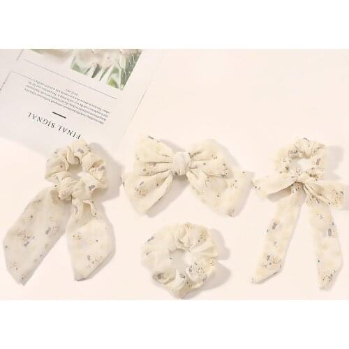 Sweet Flowers Chiffon Scrunchies Women Korean Kawaii Beige Fairy Hair Rope Cute Hair Ribbons Tie Hair Accessories Set