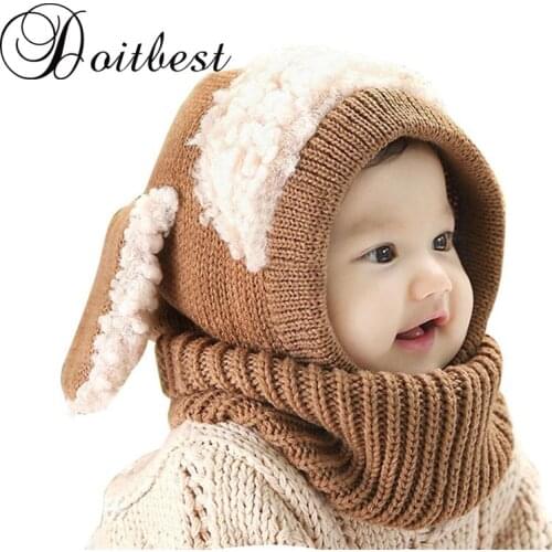 Doitbest Korean dog style boys knitted hats winter fur baby girls Conjoined cap can as shawl Age for 6 months-4 Years Old