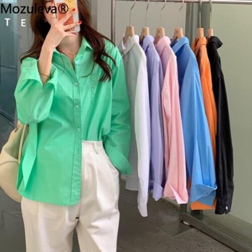 Mozuleva Spring Summer Tops Casual Loose Women Cotton Blouses Shirts Female Minimalist Single-breasted Oversized Green Shirts