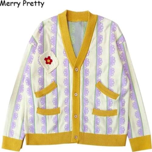 MERRY PRETTY Womens Floral Embroidery Cardigans 2021 Winter Thick Warm V-Neck Knitted Sweaters Jacquard Funny Knit Sweater