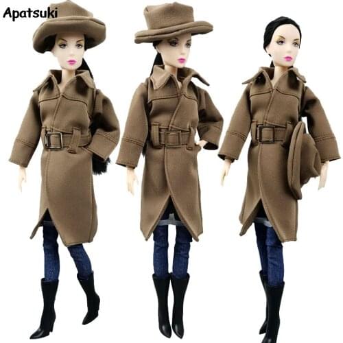 Winter Warm Fashion Office Khaki Coat for Barbie Doll Outfits Clothes Hat for Barbie Doll Black High Heel Shoes for 1:6 BJD Doll