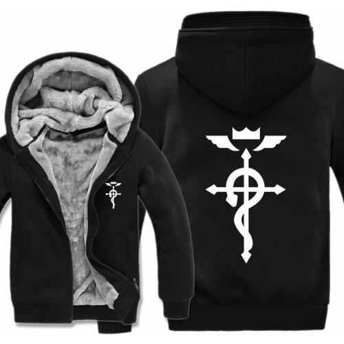 Winter Warm Fullmetal Alchemist Logo Printed Hoodies Mens Zipper Sweatshirt Fleece Thicken Anime Fashion Jacket Coat