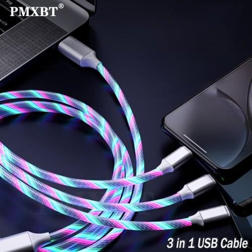 3 in 1 USB Glow Cable LED Flowing Lighting Fast Charging For Xiaomi Samsung S9 S8 Micro USB Type C 8Pin Mobile Phone Charge Wire