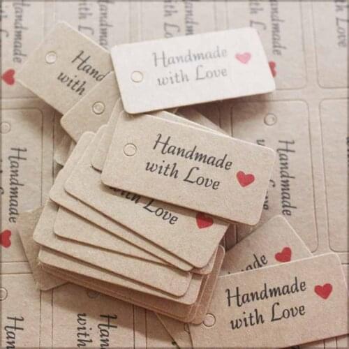 100pcs Kraft Paper Tags with Strings Handmade with Love Hang Tags Garment Tags for Candy/Gift/Cookies Display Packing Label Card