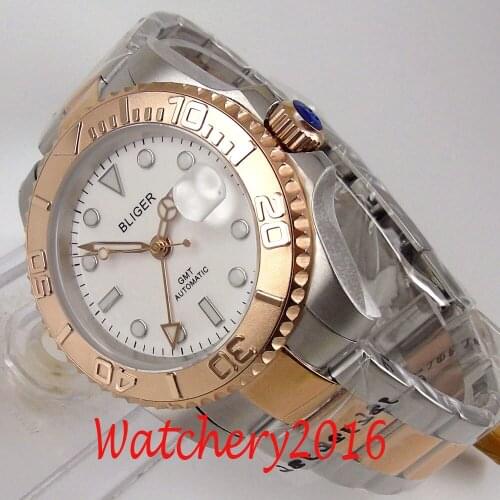 Bliger White Dial Deployment Sapphire Glass GMT Rose Gold Plated Automatic Mechanical Mens Watch