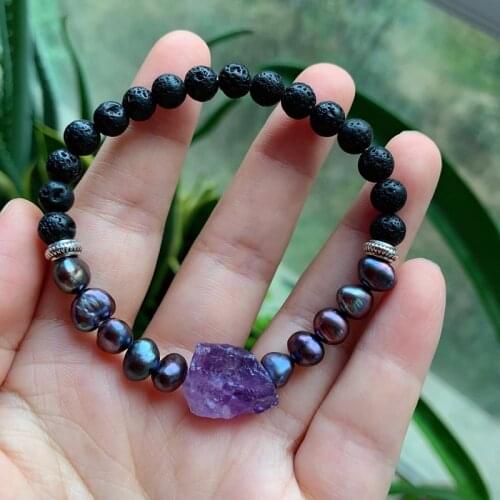 Reiki Healing Mineral Amethysts Quartz Bracelets Black Lava Beaded White Baroque Pearls Natural Freshwater Pearl Bracelets Women