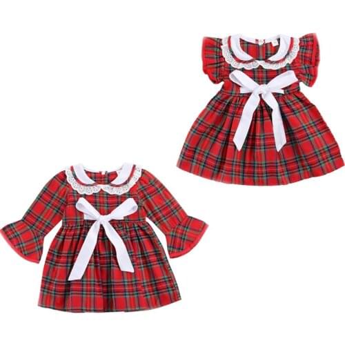 Infant Baby Girls Plaid Print Dress with Bow-knot, Flare Sleeve O-neck with Lace Dresses, Children Casual Button-up Outfits