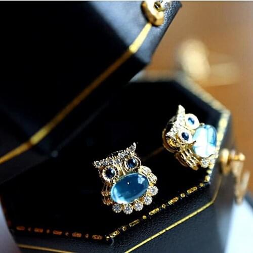 Natural Hetian Jade Topaz Owl Fashion All-Match Stud Earrings Womens S925 Sterling Silver Handmade Micro-Inlaid Earrings