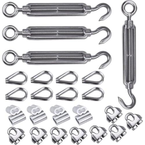 4 Pack 1/8 Inch Cable Railing Kit Included Stainless Steel Hook Eye Turnbuckle Tension Wire Rope Cable Clamp Thimble