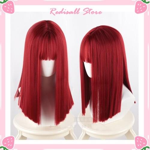 Adult Lolita Wig Woman Hair Red Straight Wig Harajuku Heat Resistant Synthetic Sweet Girls Daily Wear Fringe Bangs for Halloween