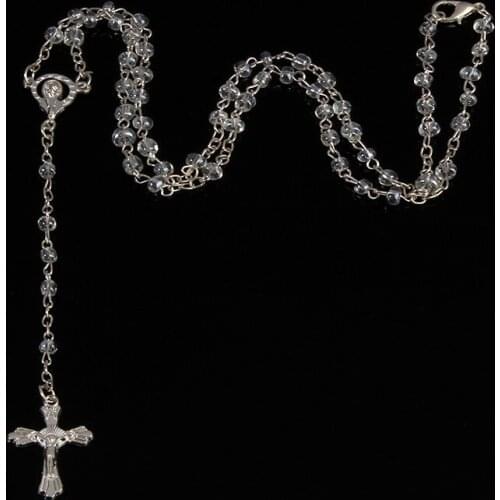4mm glass crystal rosary cross necklace, long glass ceramic beads stainless steel glass, long chain Jesus cross