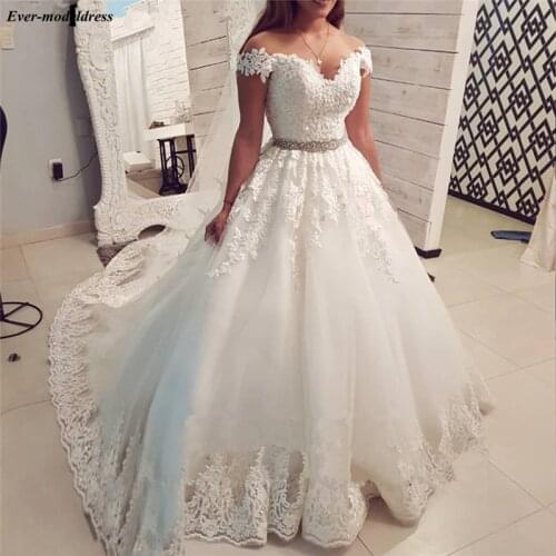 Off Shoulder Lace Wedding Dresses Appliques Beaded Corset Back Off Shoulder Bride Dress Bridal Gowns Vestido de noiva 2020