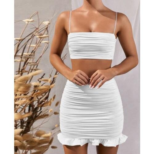 2021 Summer Beachwear Suit Camis Top+Bodycon Ruffles Pleated Skirt Two Piece Set Solid Backless Vest